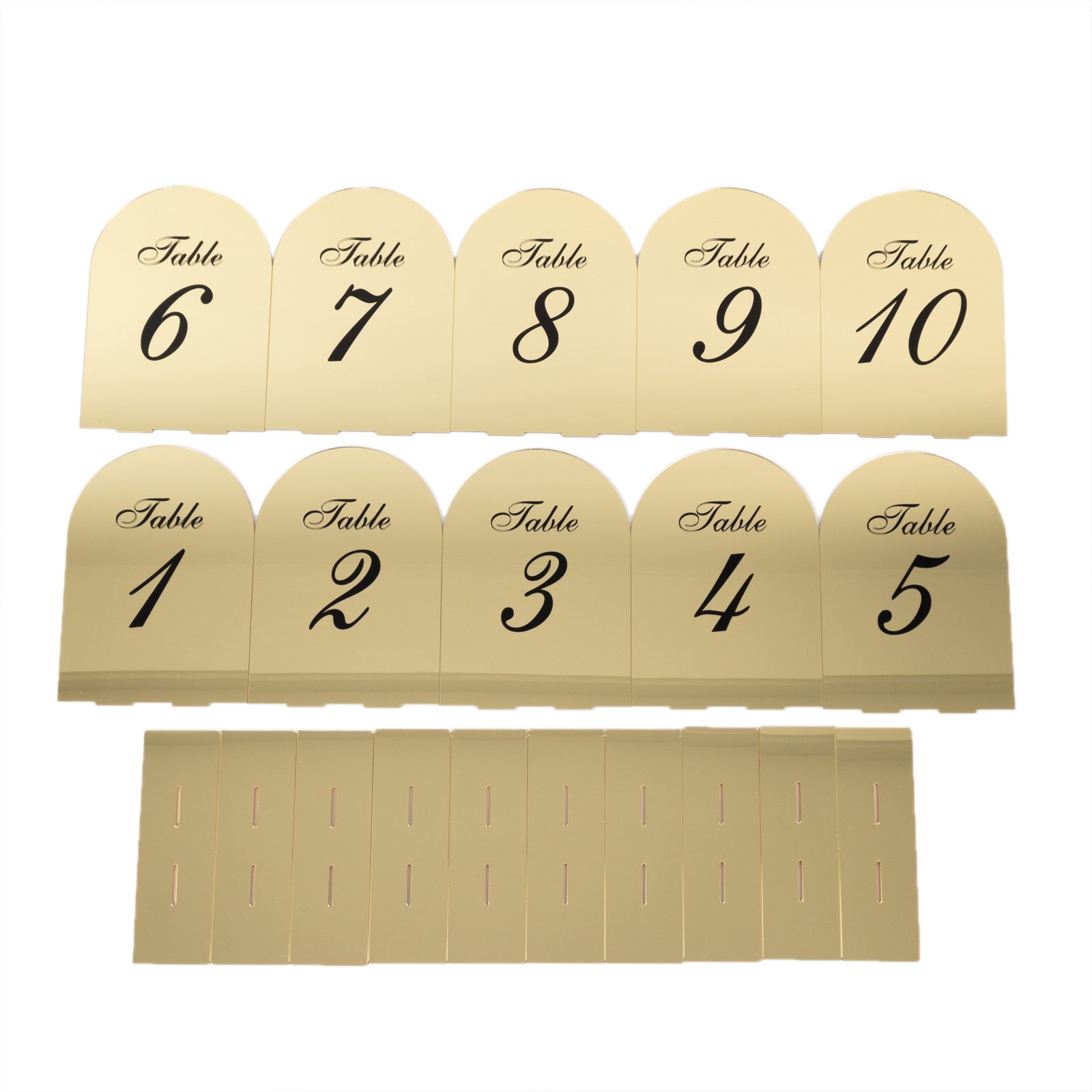 Gold Mirror Arch Acrylic Table Numbers (1 - 10) - 6"x7" Wedding Reception Signs with Black Print & Stands - Bell Racket Store