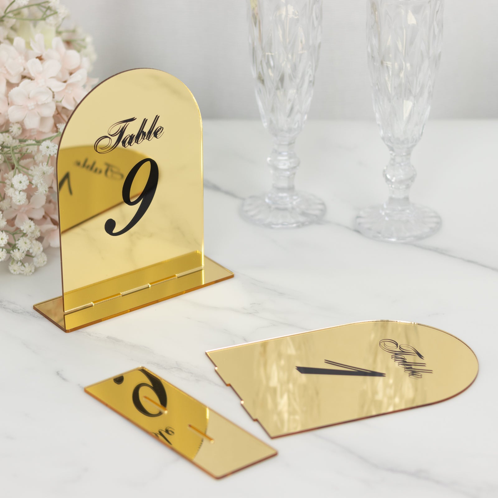 Gold Mirror Arch Acrylic Table Numbers (1 - 10) - 6"x7" Wedding Reception Signs with Black Print & Stands - Bell Racket Store