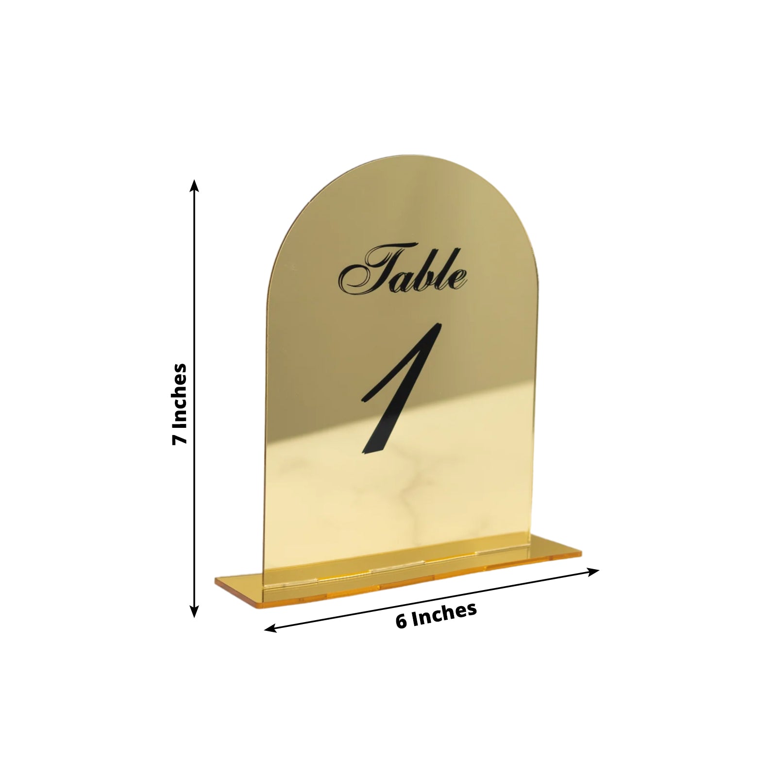 Gold Mirror Arch Acrylic Table Numbers (1 - 10) - 6"x7" Wedding Reception Signs with Black Print & Stands - Bell Racket Store