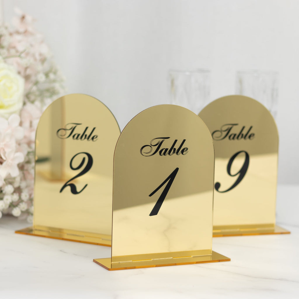 Gold Mirror Arch Acrylic Table Numbers (1 - 10) - 6"x7" Wedding Reception Signs with Black Print & Stands - Bell Racket Store