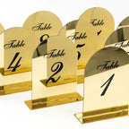 Gold Mirror Arch Acrylic Table Numbers (1 - 10) - 6"x7" Wedding Reception Signs with Black Print & Stands - Bell Racket Store