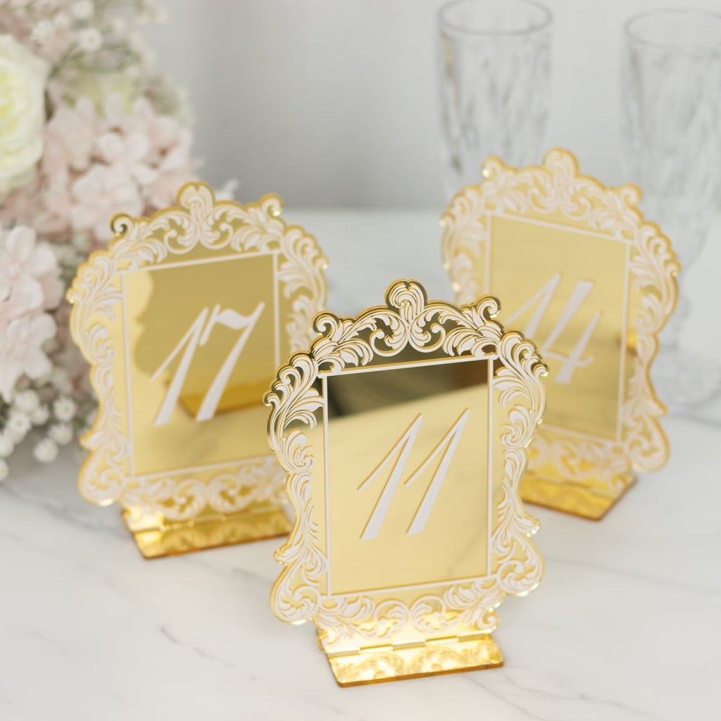 Gold Mirror Arch Acrylic Table Numbers (11 - 20) - 5"x7" Wedding Reception Signs with Baroque Lace Border, White Print & Stands - Bell Racket Store