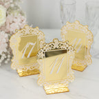 Gold Mirror Arch Acrylic Table Numbers (11 - 20) - 5"x7" Wedding Reception Signs with Baroque Lace Border, White Print & Stands - Bell Racket Store