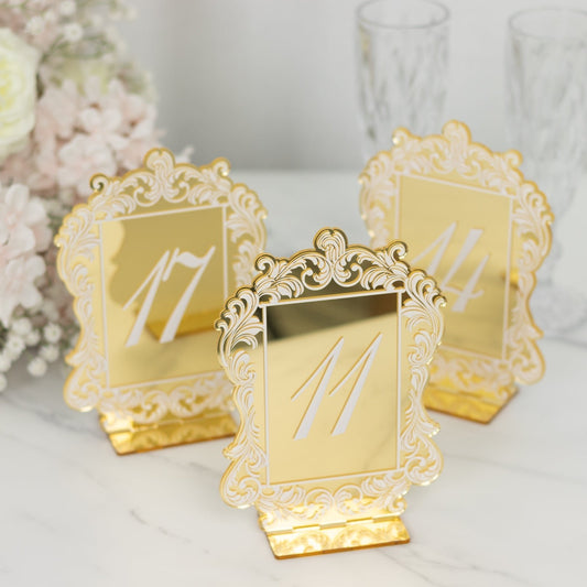 Gold Mirror Arch Acrylic Table Numbers (11 - 20) - 5"x7" Wedding Reception Signs with Baroque Lace Border, White Print & Stands - Bell Racket Store