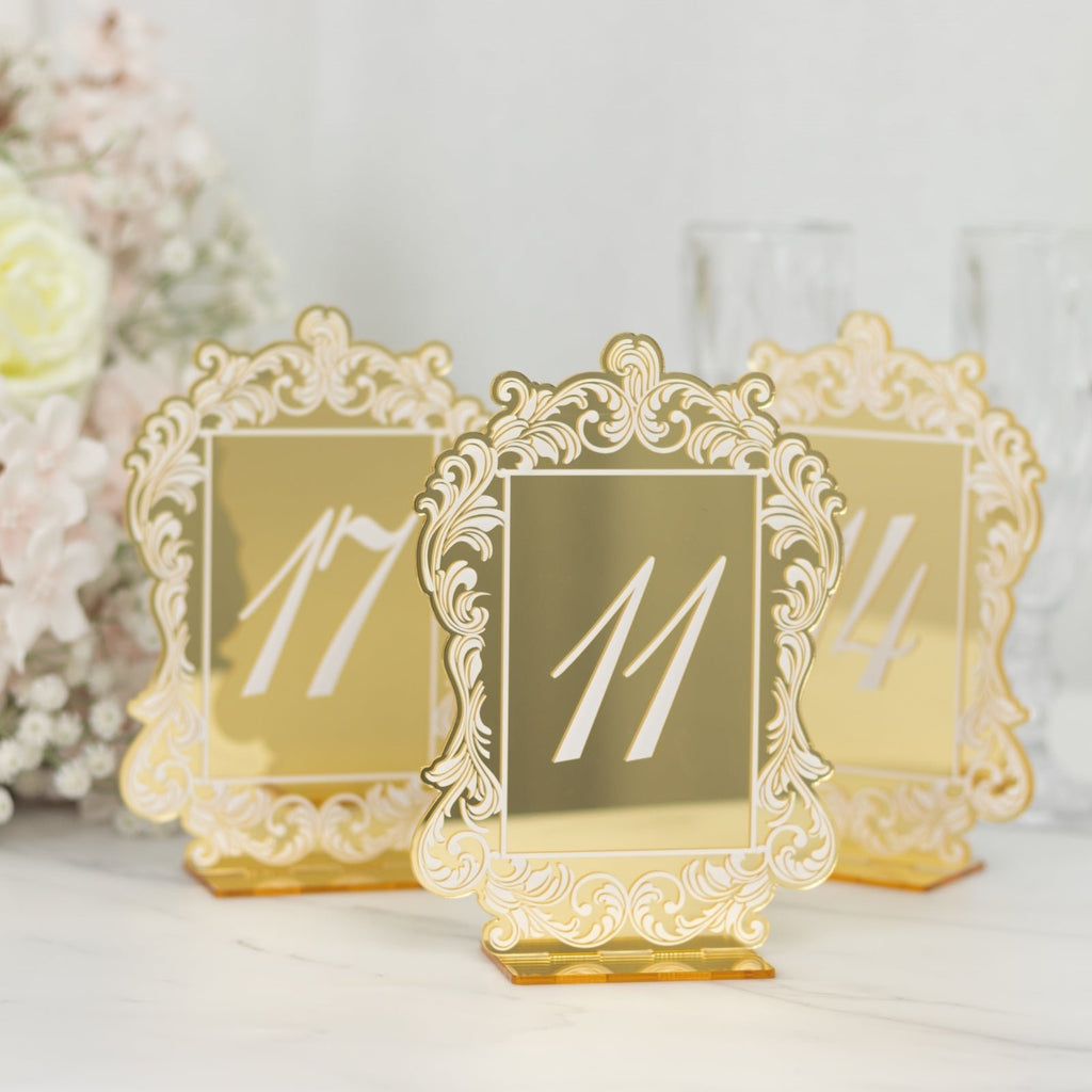 Gold Mirror Arch Acrylic Table Numbers (11 - 20) - 5"x7" Wedding Reception Signs with Baroque Lace Border, White Print & Stands - Bell Racket Store