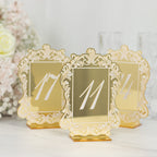 Gold Mirror Arch Acrylic Table Numbers (11 - 20) - 5"x7" Wedding Reception Signs with Baroque Lace Border, White Print & Stands - Bell Racket Store