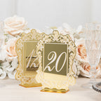 Gold Mirror Arch Acrylic Table Numbers (11 - 20) - 5"x7" Wedding Reception Signs with Baroque Lace Border, White Print & Stands - Bell Racket Store