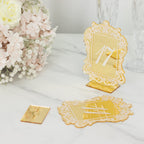 Gold Mirror Arch Acrylic Table Numbers (11 - 20) - 5"x7" Wedding Reception Signs with Baroque Lace Border, White Print & Stands - Bell Racket Store