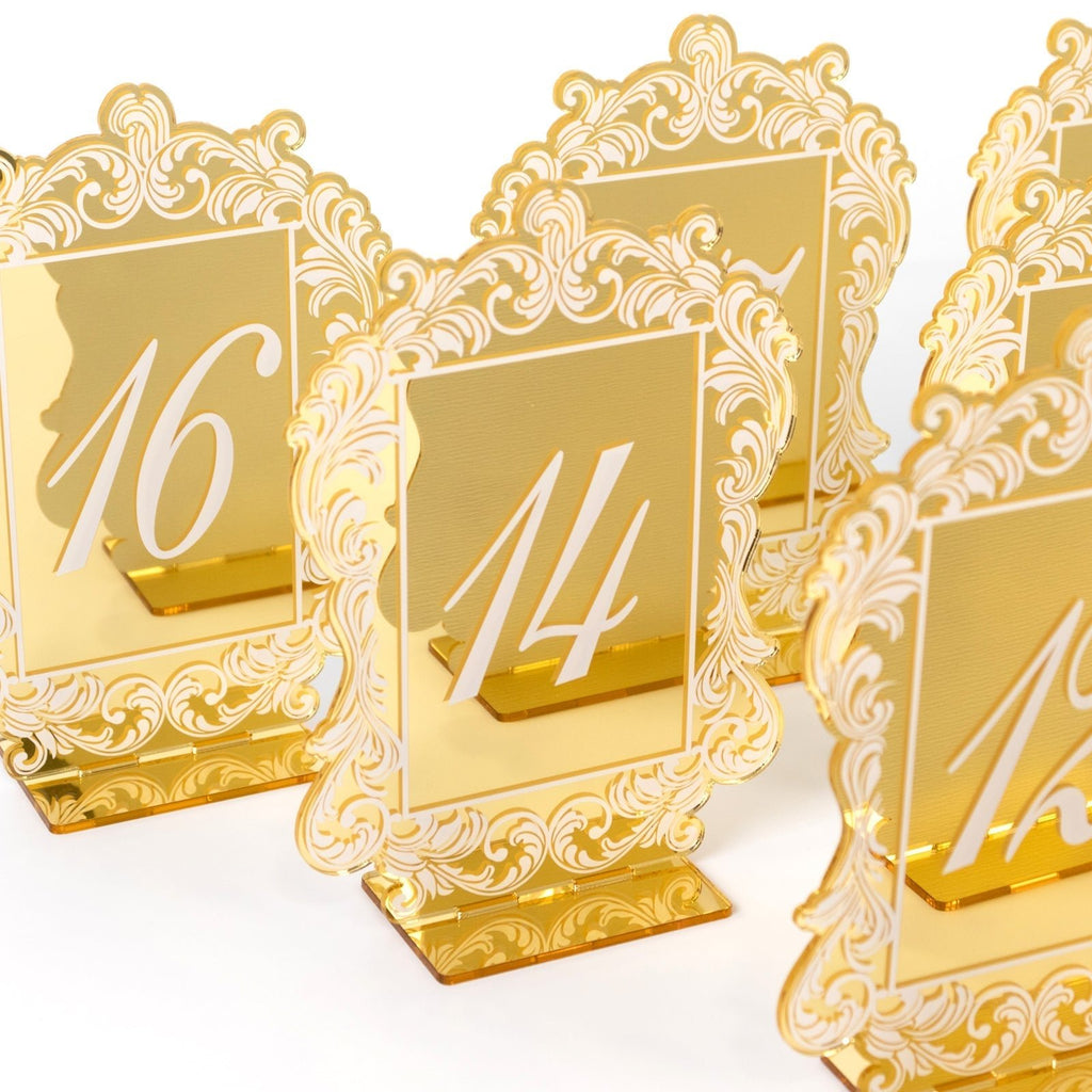 Gold Mirror Arch Acrylic Table Numbers (11 - 20) - 5"x7" Wedding Reception Signs with Baroque Lace Border, White Print & Stands - Bell Racket Store