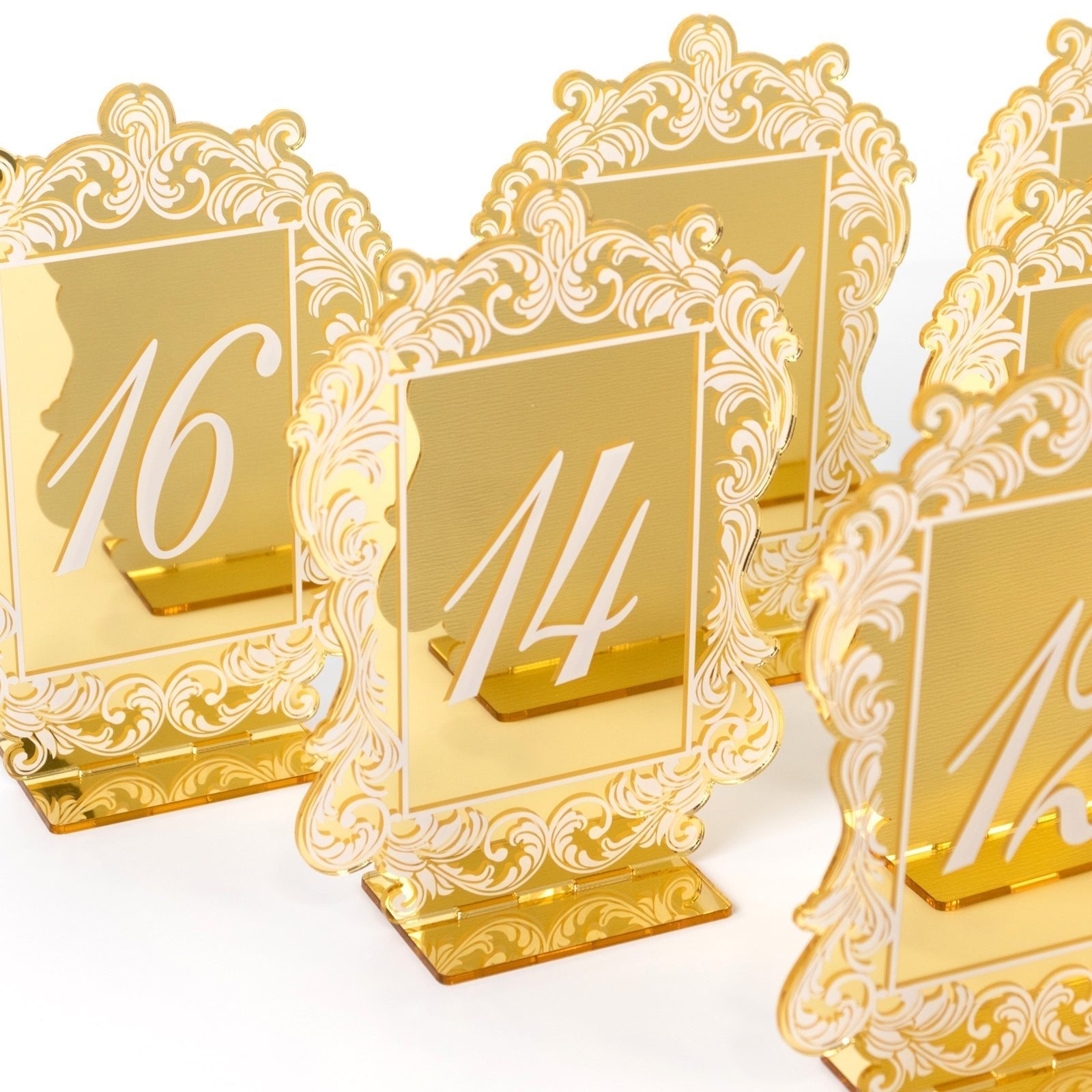 Gold Mirror Arch Acrylic Table Numbers (11 - 20) - 5"x7" Wedding Reception Signs with Baroque Lace Border, White Print & Stands - Bell Racket Store