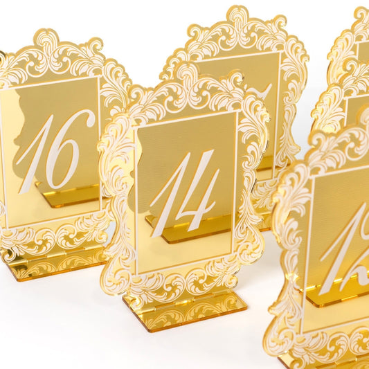 Gold Mirror Arch Acrylic Table Numbers (11 - 20) - 5"x7" Wedding Reception Signs with Baroque Lace Border, White Print & Stands - Bell Racket Store