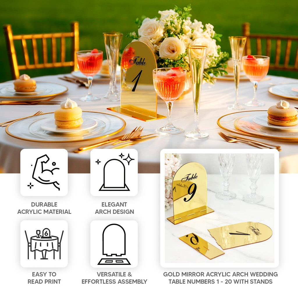 Gold Mirror Arch Acrylic Table Numbers (11 - 20) - 6"x7" Wedding Reception Signs with Black Print & Stands - Bell Racket Store
