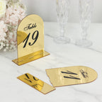 Gold Mirror Arch Acrylic Table Numbers (11 - 20) - 6"x7" Wedding Reception Signs with Black Print & Stands - Bell Racket Store