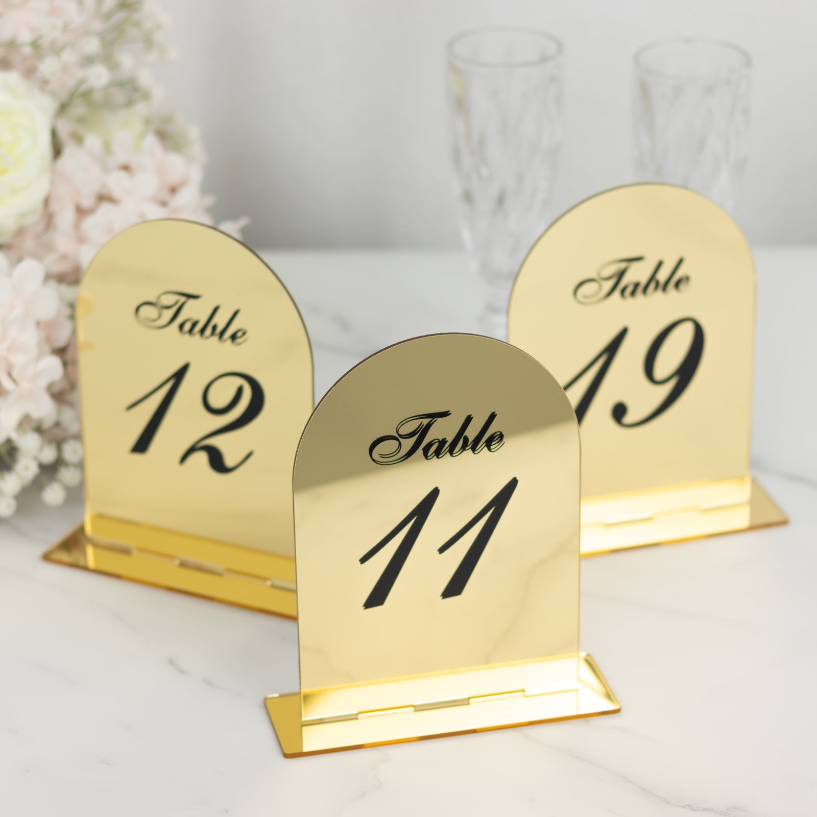 Gold Mirror Arch Acrylic Table Numbers (11 - 20) - 6"x7" Wedding Reception Signs with Black Print & Stands - Bell Racket Store