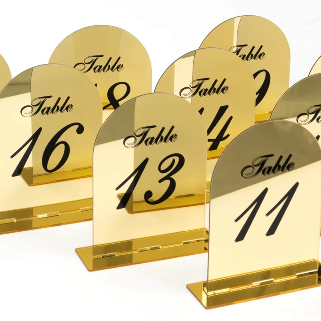Gold Mirror Arch Acrylic Table Numbers (11 - 20) - 6"x7" Wedding Reception Signs with Black Print & Stands - Bell Racket Store