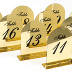 Gold Mirror Arch Acrylic Table Numbers (11 - 20) - 6"x7" Wedding Reception Signs with Black Print & Stands - Bell Racket Store