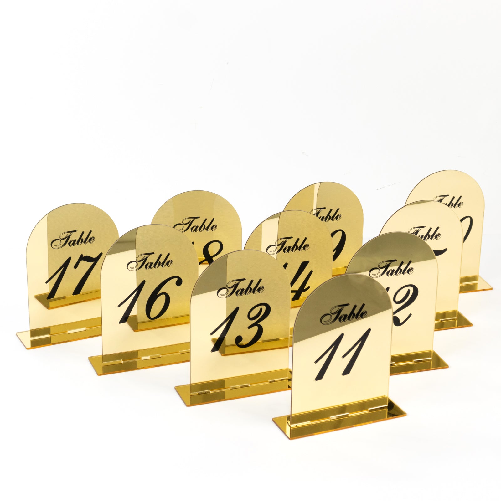 Gold Mirror Arch Acrylic Table Numbers (11 - 20) - 6"x7" Wedding Reception Signs with Black Print & Stands - Bell Racket Store