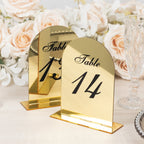 Gold Mirror Arch Acrylic Table Numbers (11 - 20) - 6"x7" Wedding Reception Signs with Black Print & Stands - Bell Racket Store