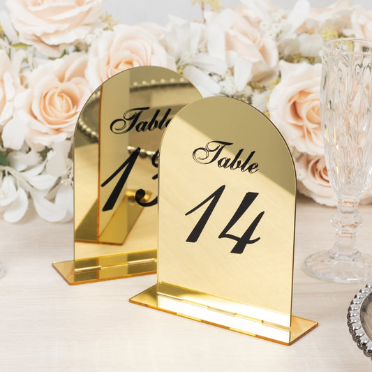 Gold Mirror Arch Acrylic Table Numbers (11 - 20) - 6"x7" Wedding Reception Signs with Black Print & Stands - Bell Racket Store