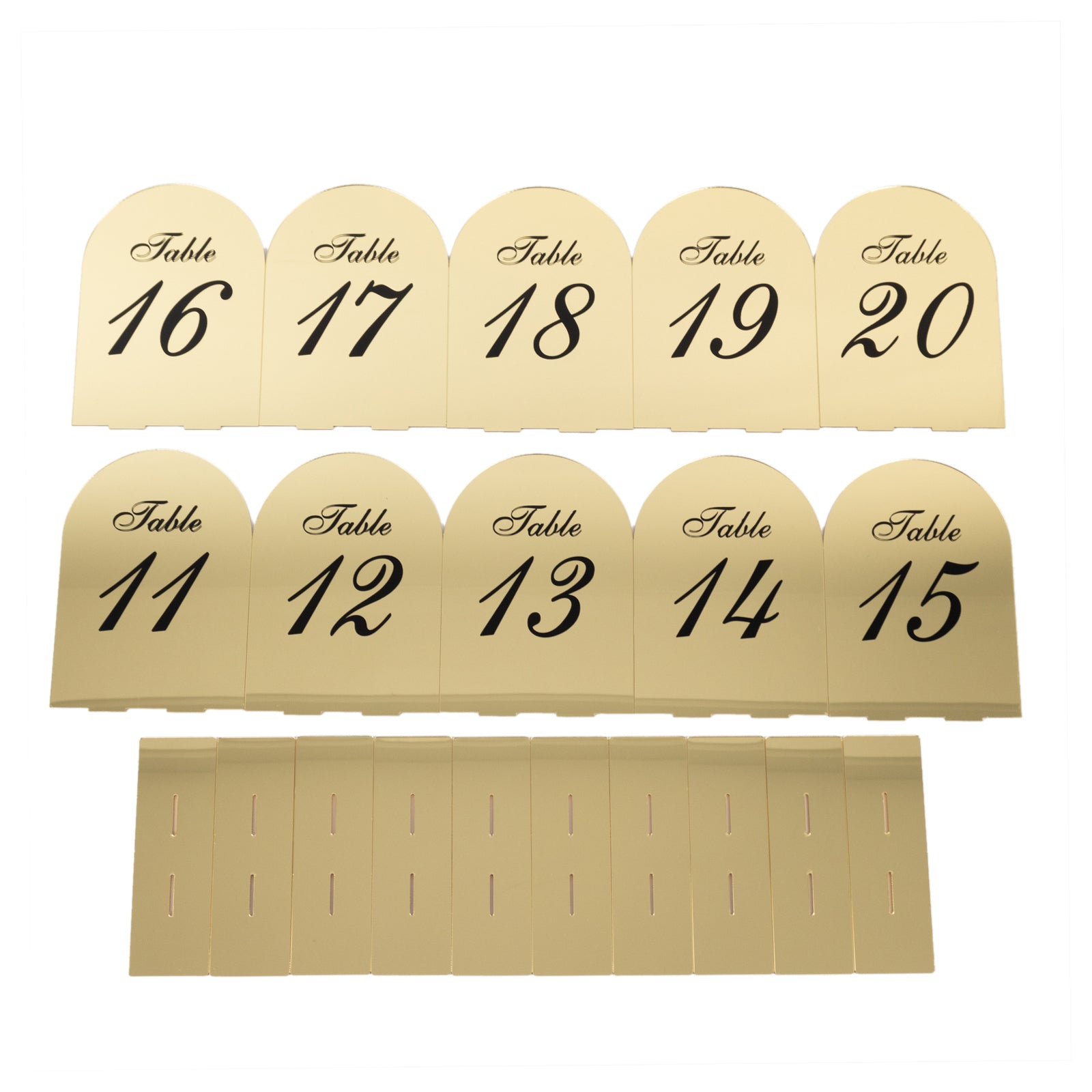 Gold Mirror Arch Acrylic Table Numbers (11 - 20) - 6"x7" Wedding Reception Signs with Black Print & Stands - Bell Racket Store
