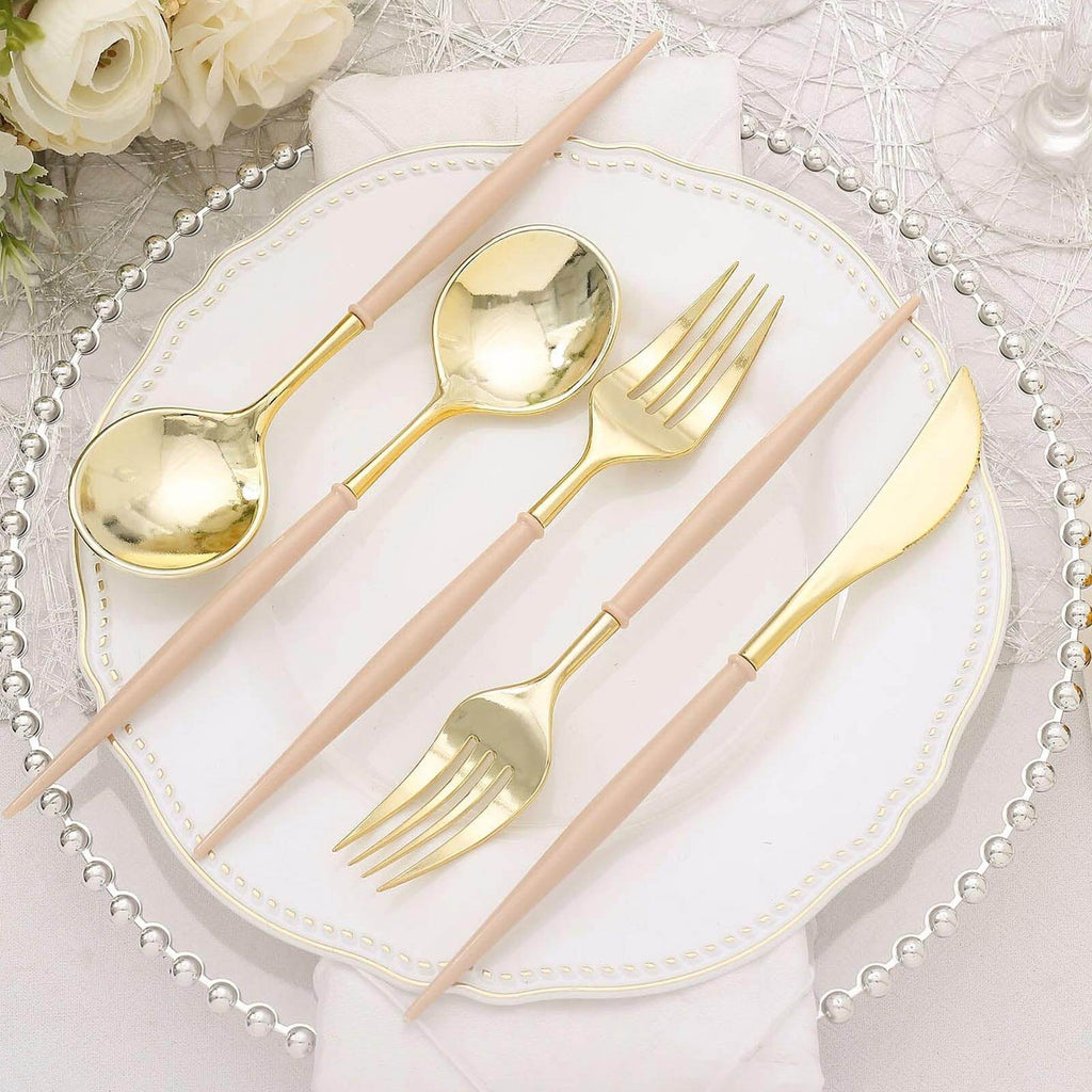 24-Pack Plastic Flatware Set in Metallic Gold with Beige Handle - Heavy Duty Disposable Modern Silverware 8"