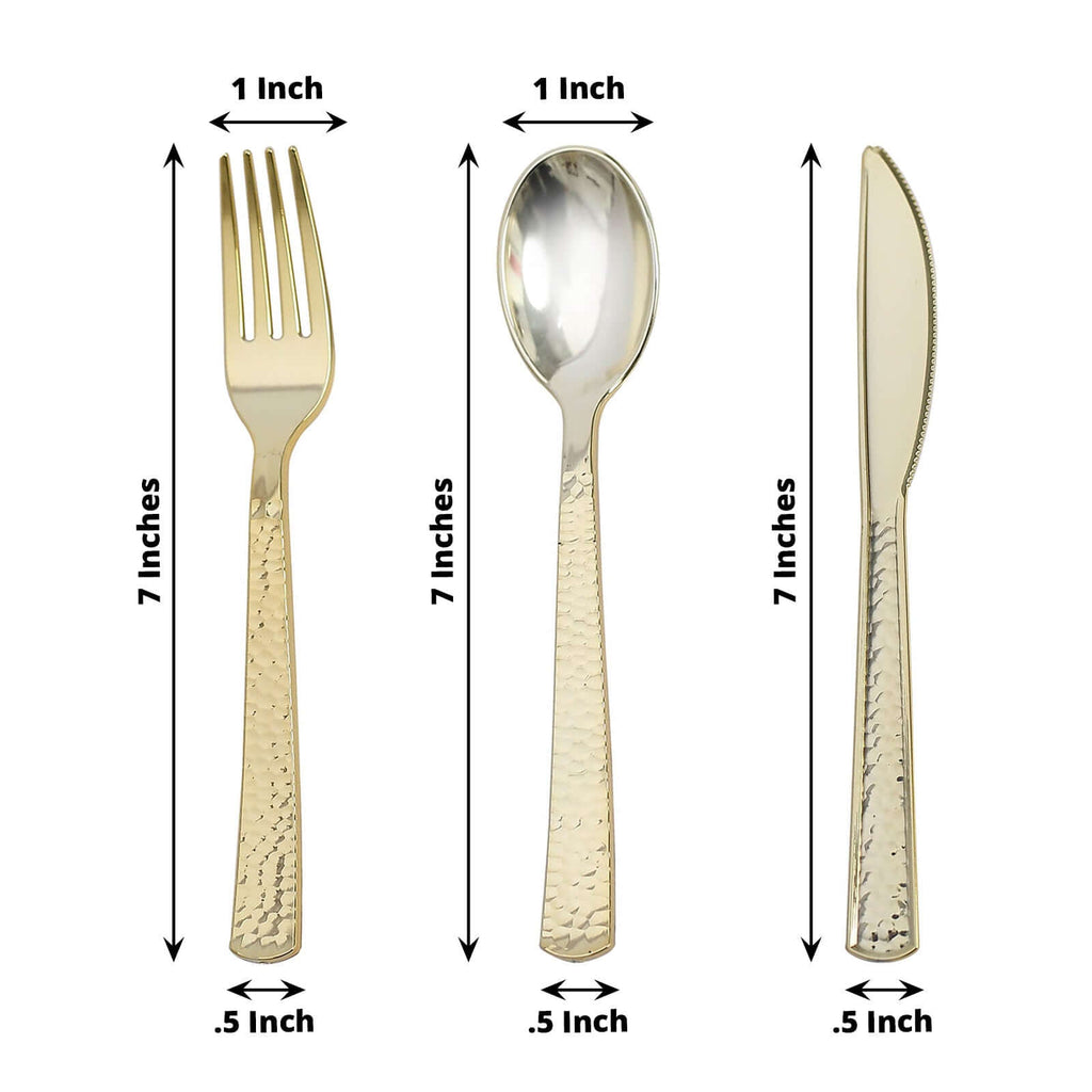 24-Pack Plastic Silverware Set with Hammered Design Gold - Heavy Duty Disposable Utensils 7"