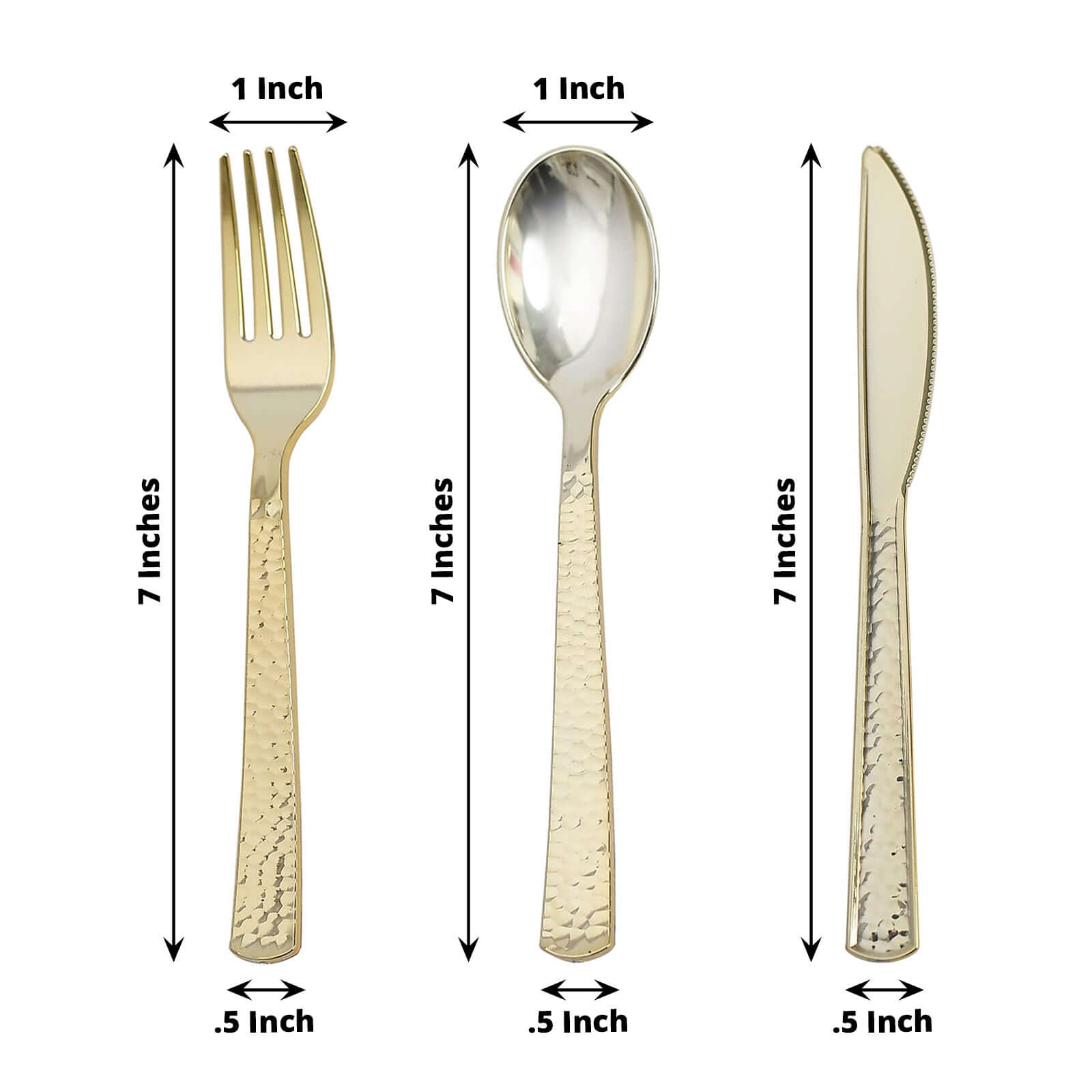 24-Pack Plastic Silverware Set with Hammered Design Gold - Heavy Duty Disposable Utensils 7"