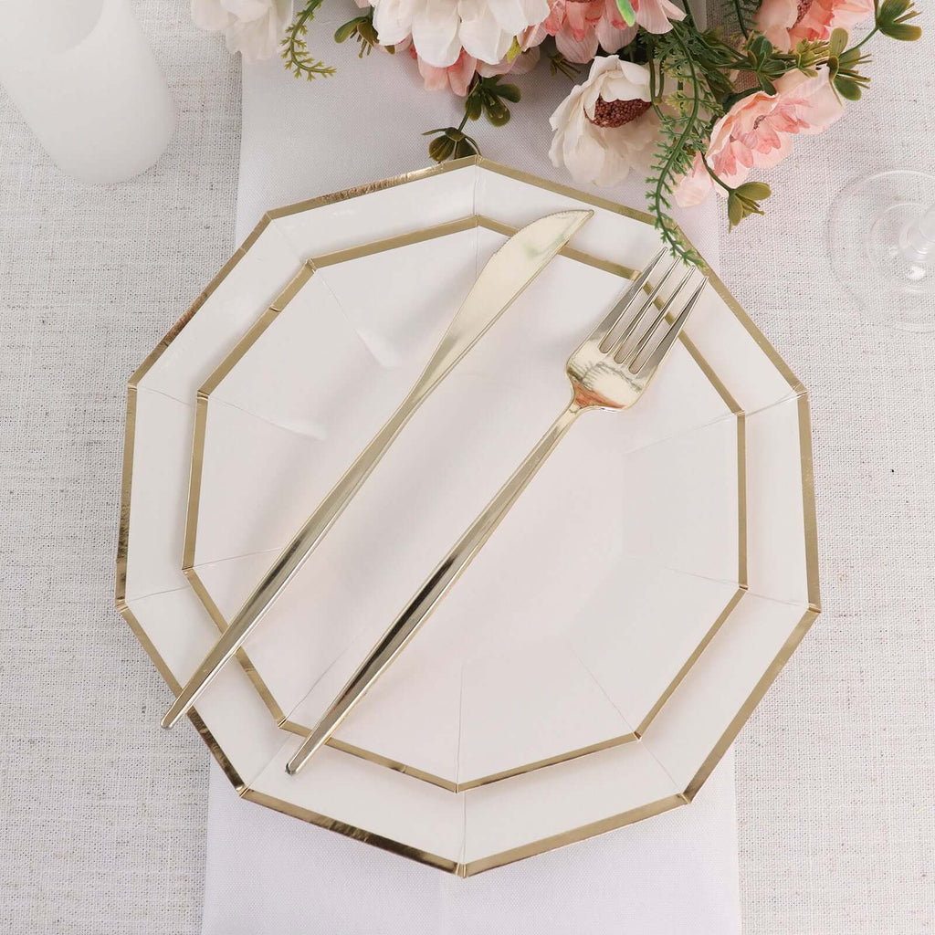 25-Pack Paper 9" Decagon Dinner Plates in White with Gold Foil Rim - Disposable Geometric Party Plates for Modern Weddings & Events