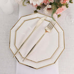 25-Pack Paper 9" Decagon Dinner Plates in White with Gold Foil Rim - Disposable Geometric Party Plates for Modern Weddings & Events