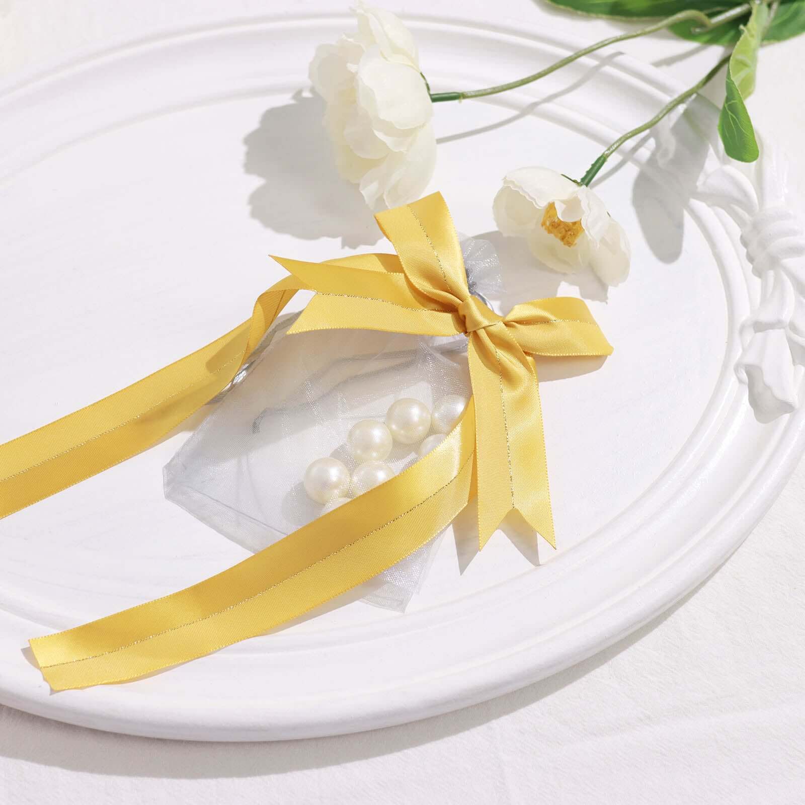 50 Pcs 10" Gold Pre Tied Ribbon Bows, Satin Ribbon With Gold Foil Lining For Gift Basket and Party Favors Decor