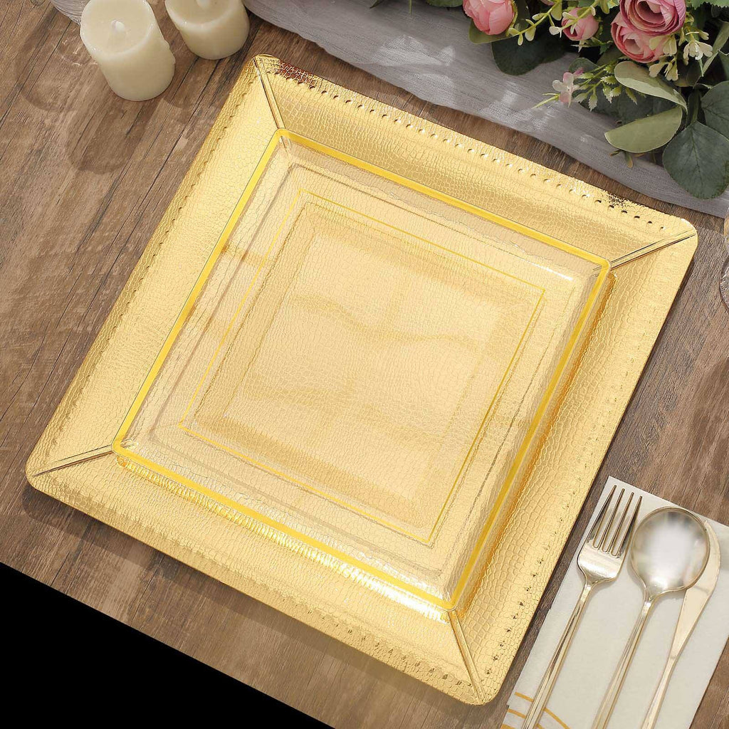 10-Pack Disposable Square Charger Plates in Gold with Leather Like Texture - 1100GSM Durable Paper Chargers 13"