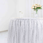 Sequin 17ft Table Skirt Silver - Pleated Satin With Top Velcro Strip