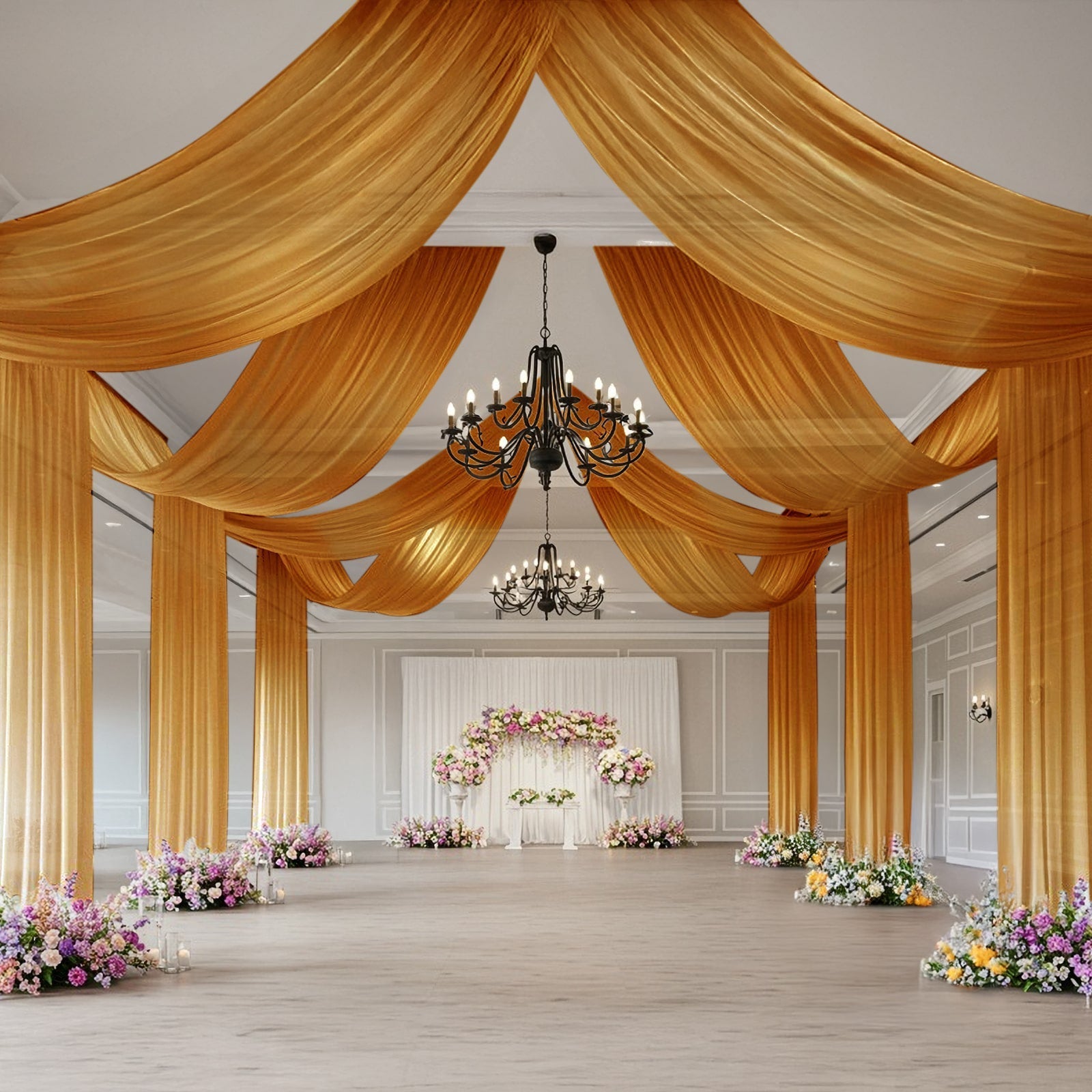 Gold Sheer Backdrop Drape â€“ 5ftx32ft Wedding Arch & Ceiling Decor Panel, Wrinkle Free with Soft Shimmer - Bell Racket Store