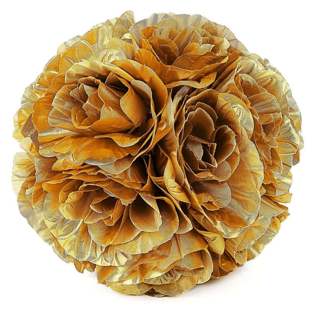 2 Pack 7" Gold Artificial Silk Rose Kissing Ball, Faux Flower Ball