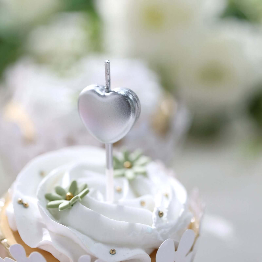 10-Pack Heart Shaped Cupcake Candles Love and Valentine Dessert Toppers - Red, Silver, and Gold