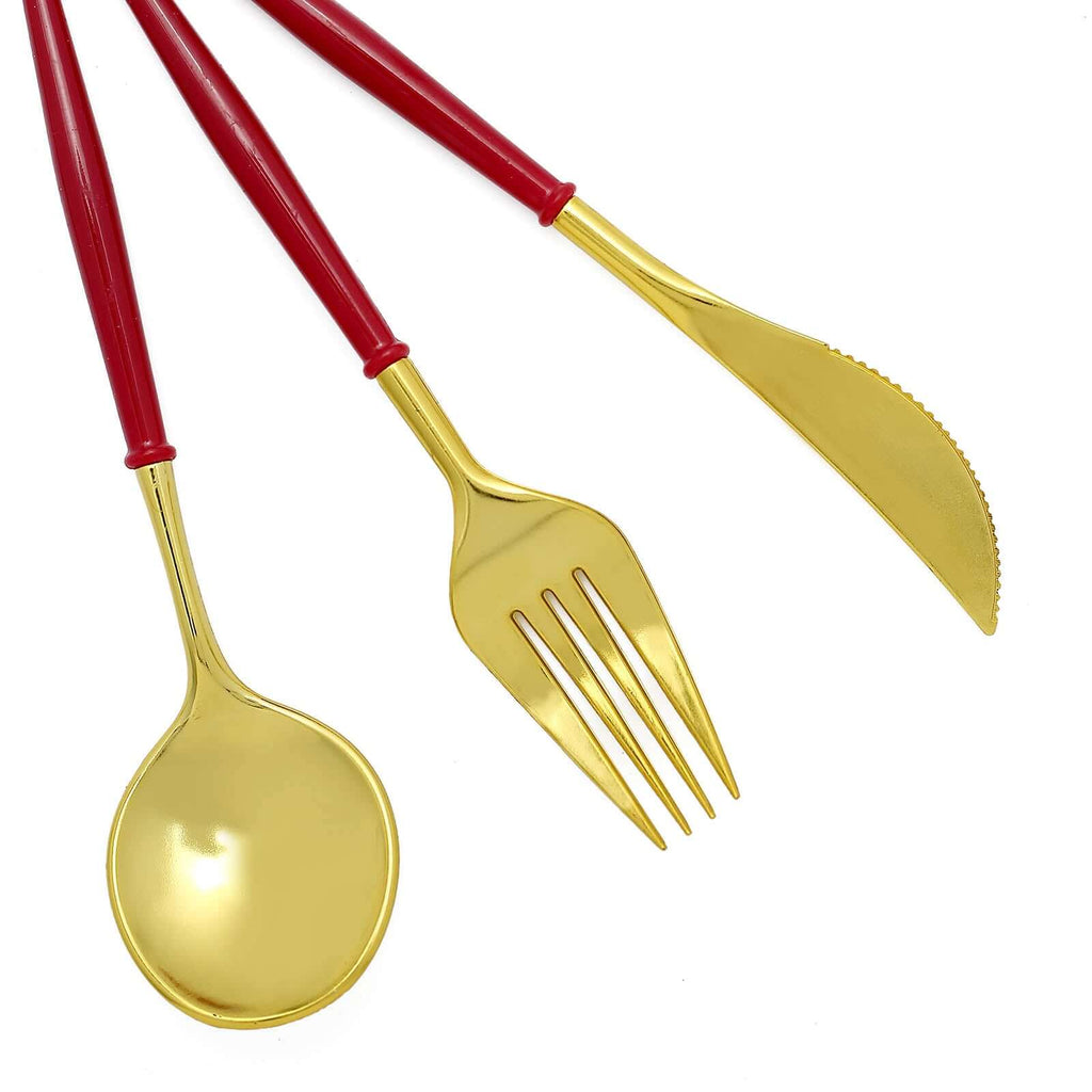 24-Pack Plastic Flatware Set in Metallic Gold with Red Handle - Heavy Duty Disposable Modern Silverware 8"