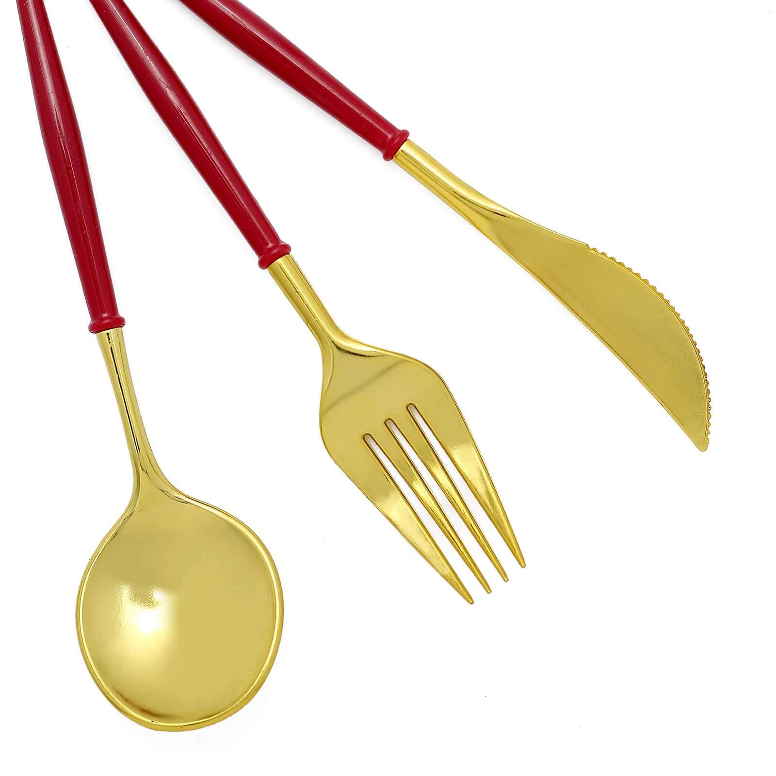 24-Pack Plastic Flatware Set in Metallic Gold with Red Handle - Heavy Duty Disposable Modern Silverware 8"
