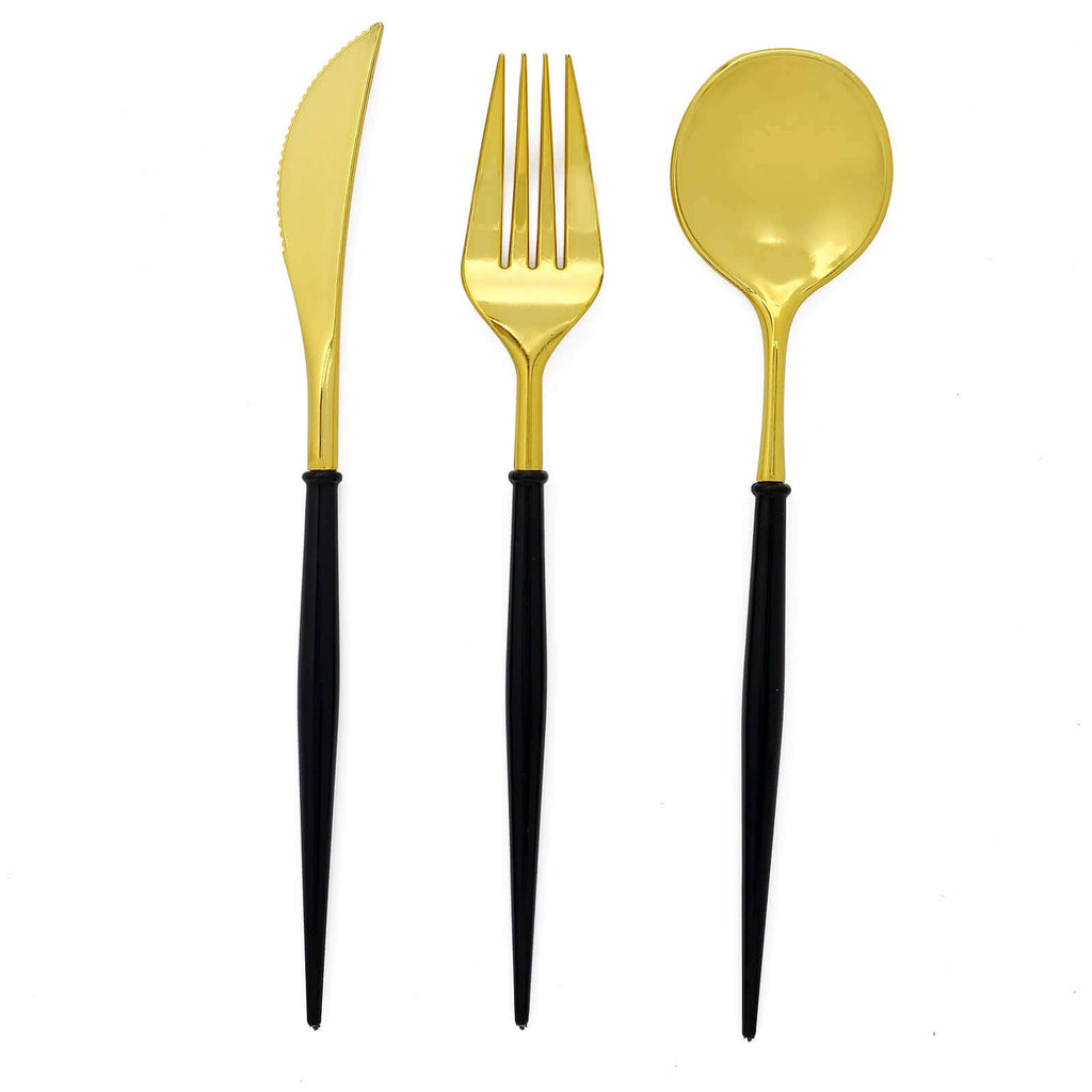 24-Pack Plastic Flatware Set in Metallic Gold with Black Handle - Heavy Duty Disposable Modern Silverware 8"