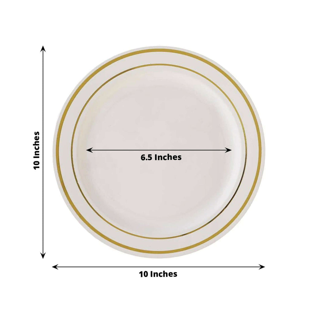 10-Pack Plastic Dinner Plates Ivory with TrÃ¨s Chic Gold Rim - Disposable Party Plates for Gatherings 10"