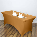 Stretch Spandex 6ft Rectangle Tablecloth Gold - Durable Form-Fitting Table Cover for Events & Presentations