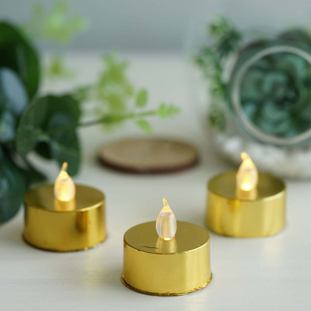 12-Pack LED Tealight Candles Metallic Gold Design - Reusable Flameless Battery Operated Lights