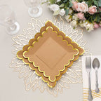 25-Pack Paper 7" Square Dessert Plates in Natural Brown with Gold Scalloped Rim - Disposable Salad Appetizer Party Plates for Stylish Outdoor Events & Boho Celebrations