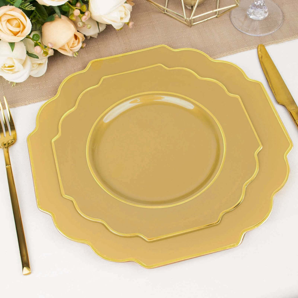 10-Pack Plastic Dessert Appetizer Plates in Gold Baroque Design with Scalloped Gold Rim - Heavy Duty Disposable Salad Plates 8"