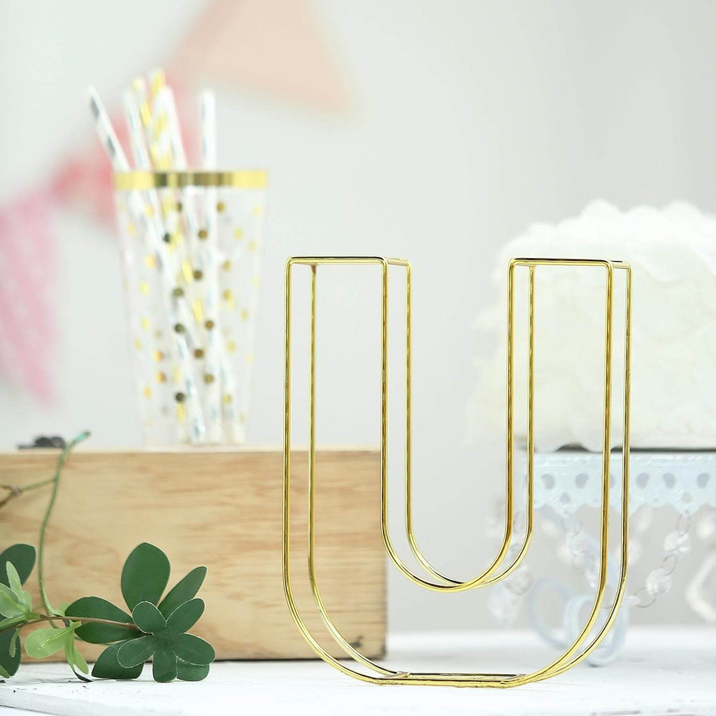 8" Tall Gold Freestanding 3D Decorative Wire Letter, Wedding Centerpiece - U