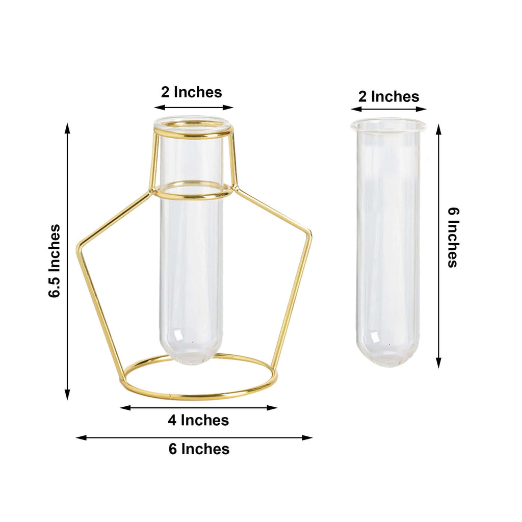 2-Pack Flower Stands Gold Metal Frame Geometric Design - Test Tube Vase Centerpieces 6.5"