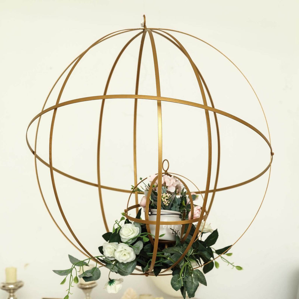 Hanging Sphere Candle Holder Gold Wrought Iron Event Display Accent - Centerpiece 24"