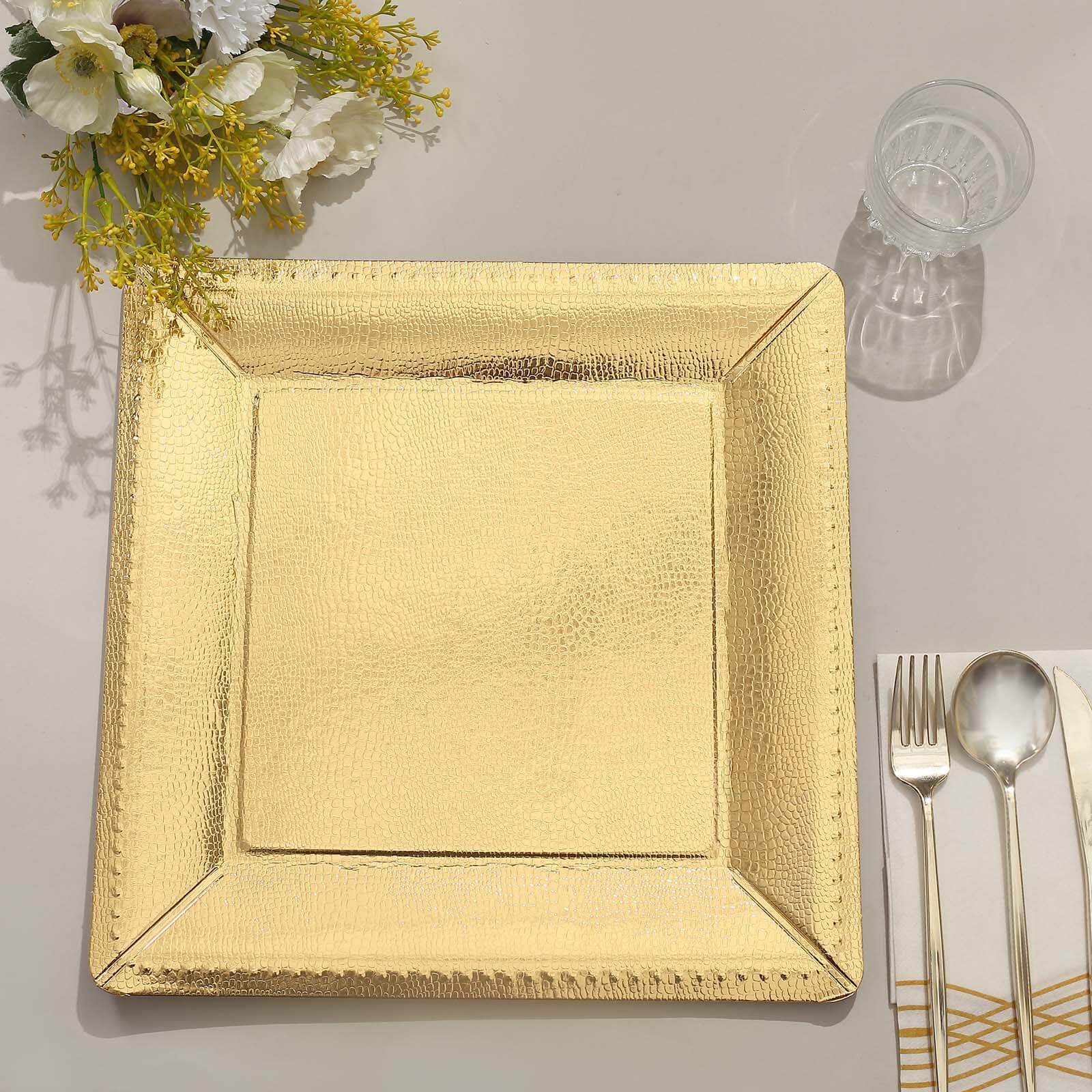 10-Pack Disposable Square Charger Plates in Gold with Leather Like Texture - 1100GSM Durable Paper Chargers 13"
