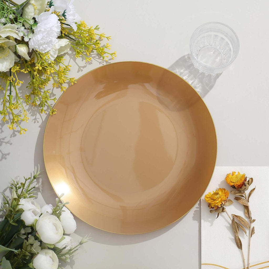 10-Pack Plastic 10" Round Dinner Plates in Gold with Gold Rim - Glossy Disposable Party Plates