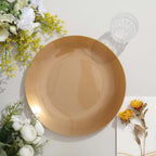 10-Pack Plastic 10" Round Dinner Plates in Gold with Gold Rim - Glossy Disposable Party Plates