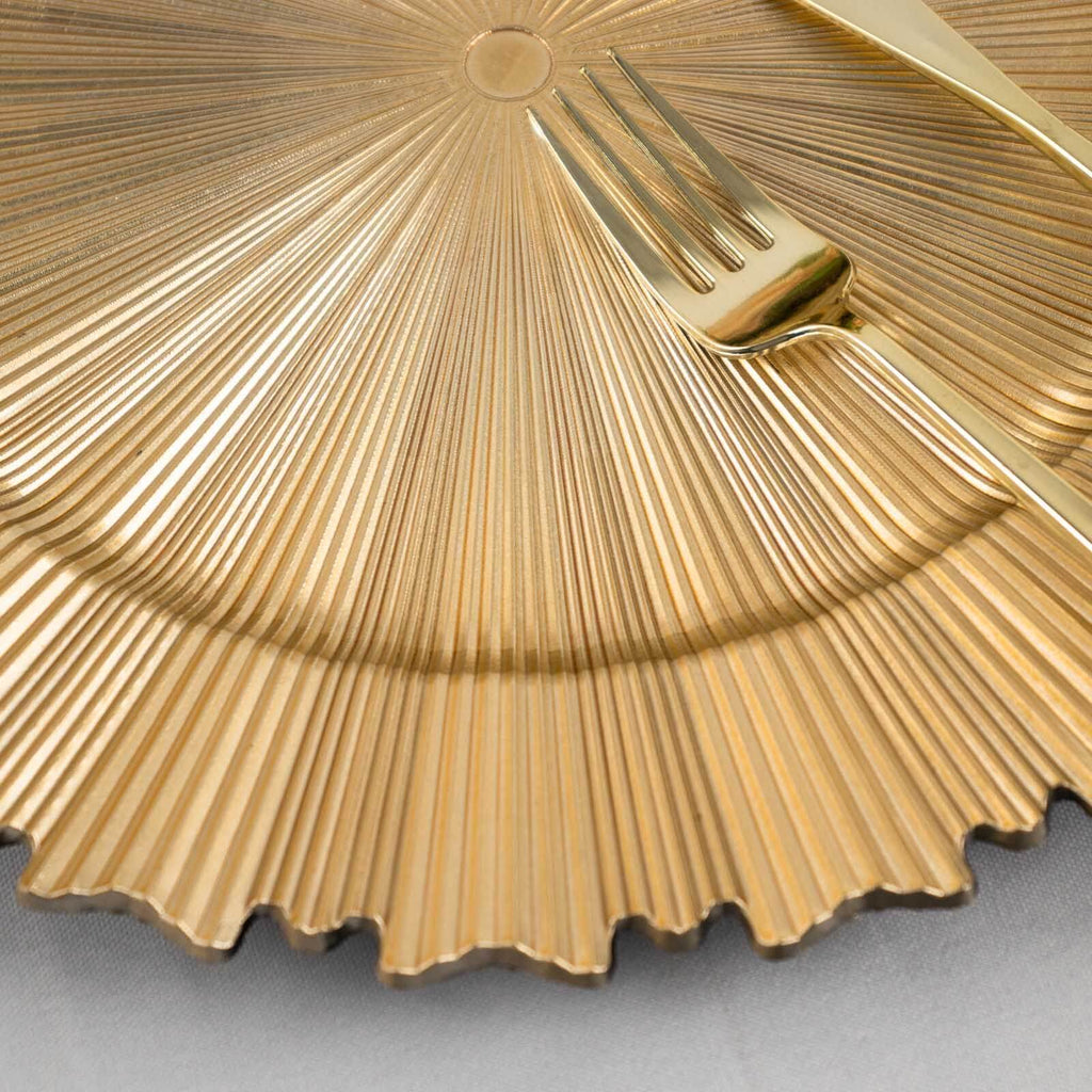 6-Pack Acrylic Plastic Round Charger Plates 13" in Metallic Gold with Sunray Scalloped Rim, Decorative Dinner Party Charger Tableware